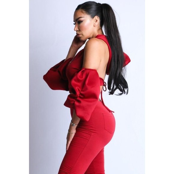 Boutique Tops - Women's Cold Shoulder Puff Sleeve Crop Top With Hoodie And Matching Pants Set